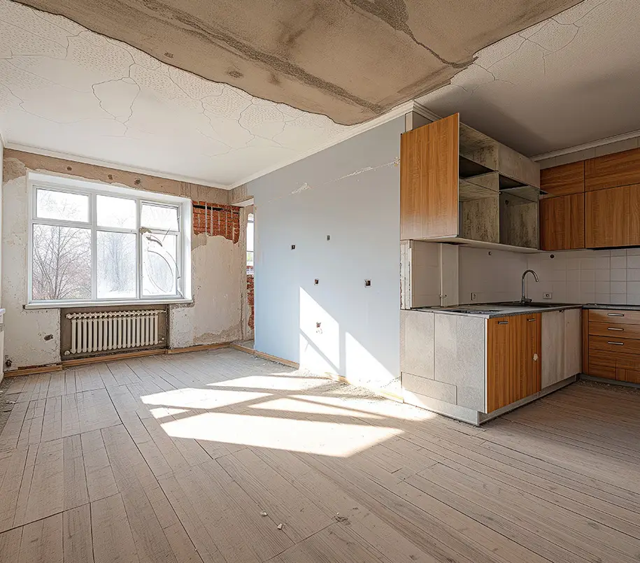 Alte Trockenbauwände mit Küche in einem Haus bereit zum Abriss