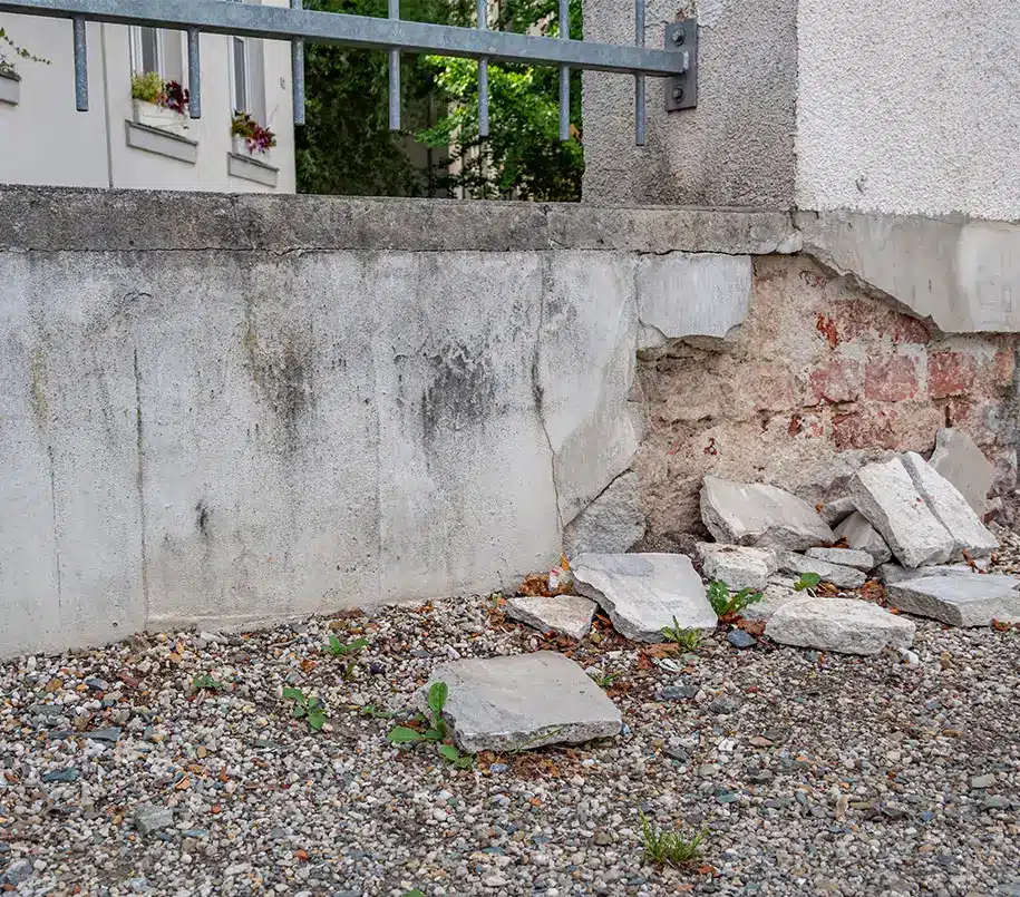 Abbrechender Putz und Steine an Gartenterrasse